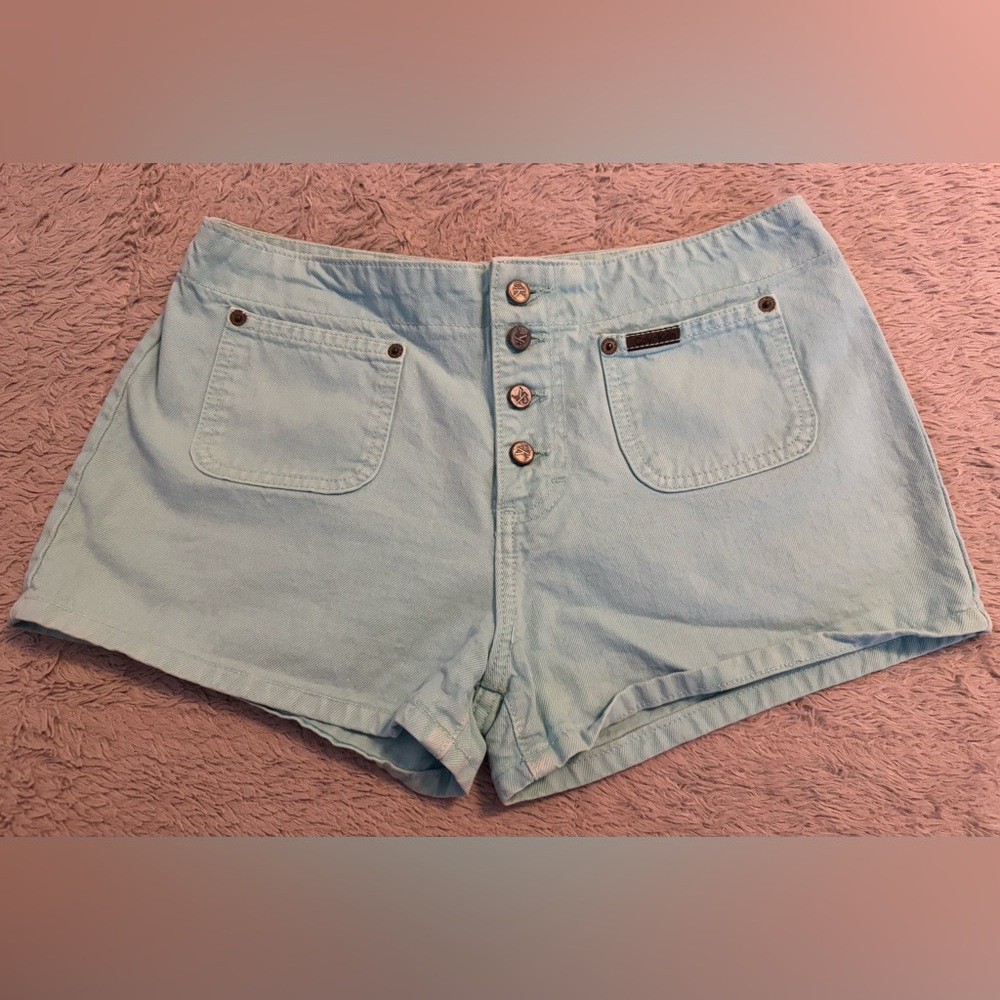 Calvin Klein Y2K Aqua Button Fly Shorty Jean Shorts w/ Functional Front Pockets